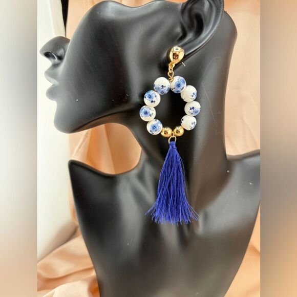Handcrafted Porcelain Bead & Tassel Statement Earrings Antropologie - Picture 6 of 8